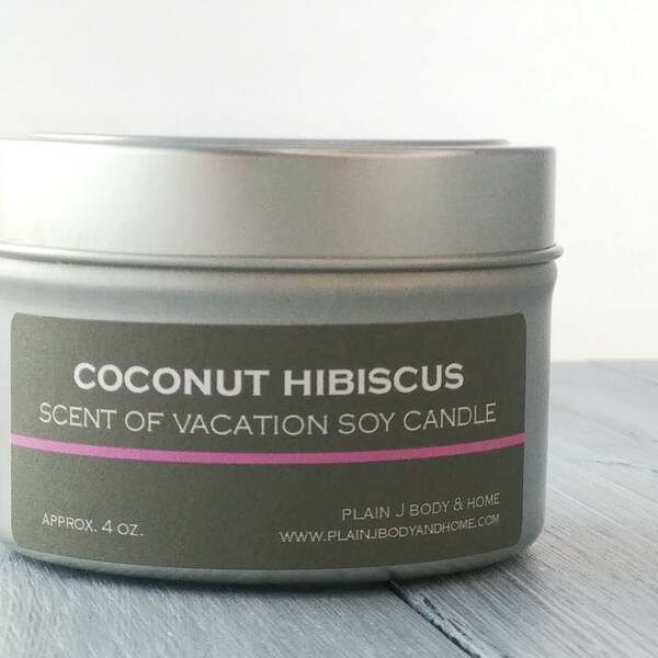 Coconut Hibiscus Soy Wax Candle, 4oz Tin, tropical vacation scented candle, hostess gift, unisex scent, clean burning candle, hand poured