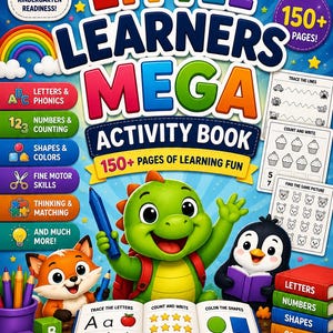 May include: A Little Learners Mega Activity Book with a green dinosaur and penguin on the cover. The book features colorful illustrations, educational text, and pages for tracing letters, counting, and coloring shapes for children ages 3-5.