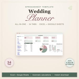 Wedding Planner Spreadsheet, Excel & Google Sheets Template, Budget Tracker, Guest List, Seating Chart, Timeline, 34 Tabs Dashboard