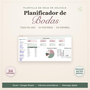 Puede incluir: Plantilla de hoja de cálculo para planificador de bodas en español con 34 pestañas y cálculos automáticos. La interfaz muestra un panel general con resúmenes de presupuesto, gráficos circulares y gráficos de barras.