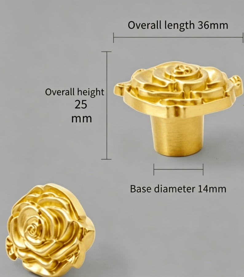 May include: A gold-colored metal cabinet knob shaped like a rose. The knob has an overall length of 36mm, an overall height of 25mm, and a base diameter of 14mm. The text on the image indicates these specific measurements for the hardware.