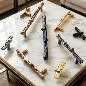 Maniglie per mobili a forma di ramo d'albero organico / Maniglie moderne per cassetti a forma di ramoscello / Ferramenta in oro, nero e argento