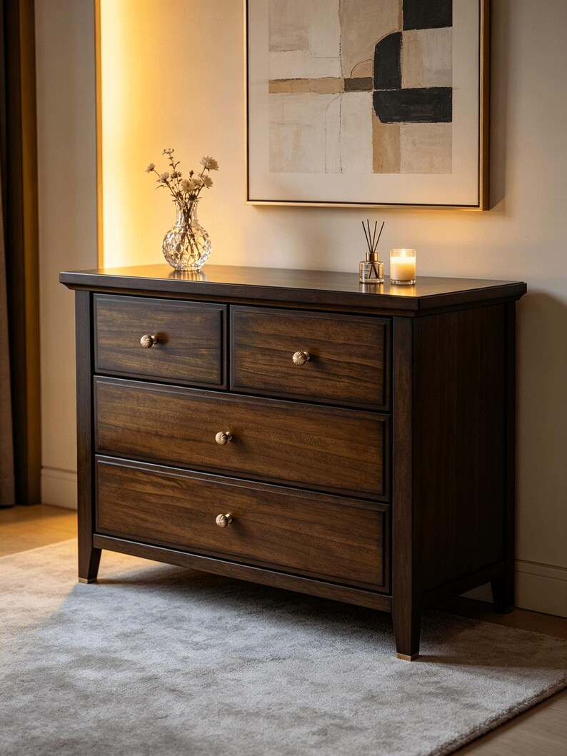 May include: A dark brown wooden dresser featuring two smaller top drawers and two larger bottom drawers, all equipped with round gold-toned knobs. The piece has a rectangular frame with straight legs and a smooth, polished finish on the wood.