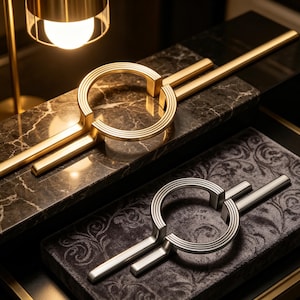 May include: Two circular cabinet pulls with a ribbed texture, one in a polished gold finish and one in a brushed silver finish. Each pull features a central ring design with two horizontal bars extending from the sides, creating a sleek hardware piece.