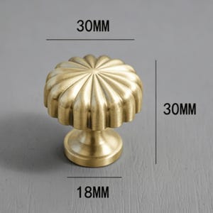 May include: A brass-colored metal cabinet knob with a fluted, circular top and a tapered base. The knob features a brushed finish. Text on the image indicates a diameter of 30mm, a total height of 30mm, and a base diameter of 18mm.