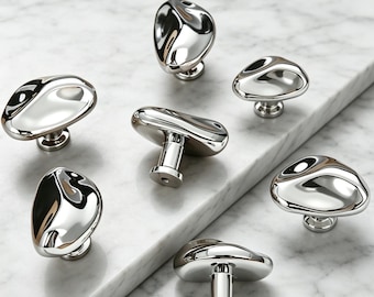 Organic Pebble Cabinet Knob - Silver Fluid Shape Drawer Pull - Modern Minimalist Furniture Hardware
