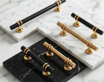 Modern Black & Gold Cabinet Pulls | Sleek Stainless Steel Drawer Handles | Minimalist T-Bar Knobs