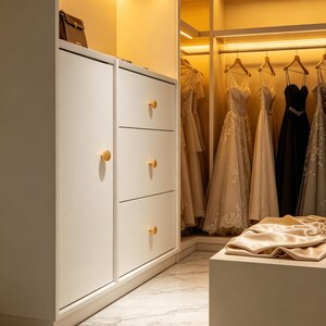 May include: A white walk-in closet featuring a cabinet with three drawers and one door, each fitted with round gold knobs. The interior includes illuminated shelving and a hanging rod displaying several formal dresses in white, beige, and black.