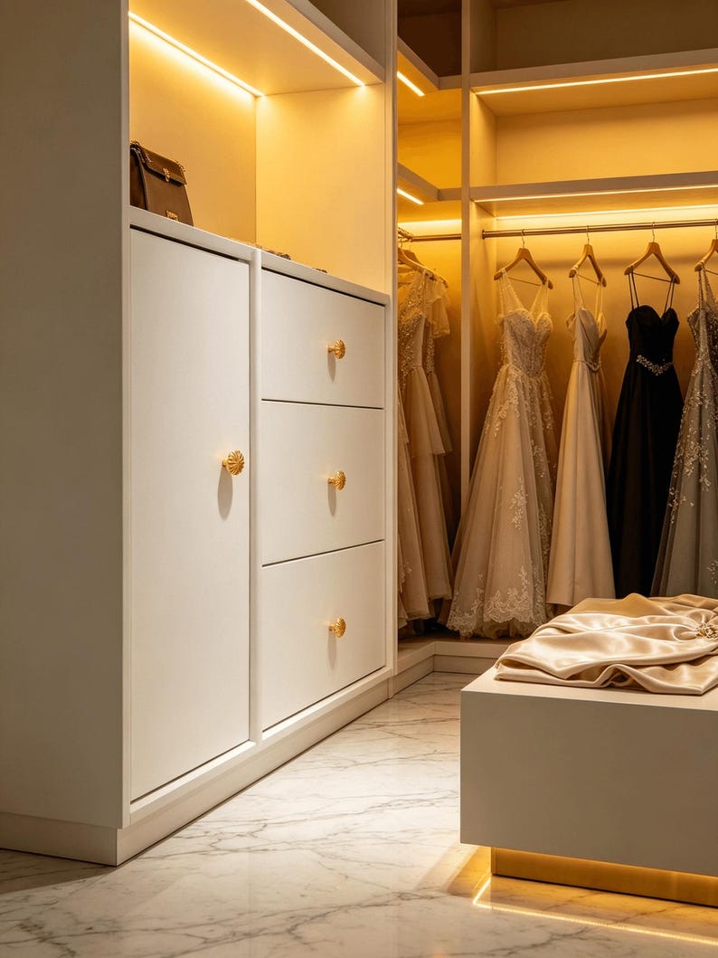 May include: A white walk-in closet featuring a cabinet with three drawers and one door, each fitted with round gold knobs. The interior includes illuminated shelving and a hanging rod displaying several formal dresses in white, beige, and black.