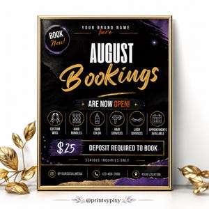 Modelo de Flyer de Agendamento para Agosto, Flyer de Salão de Beleza Editável no Canva, Agendamentos Abertos para Cabelo, Unhas, Cílios e Maquiagem, Download Instantâneo