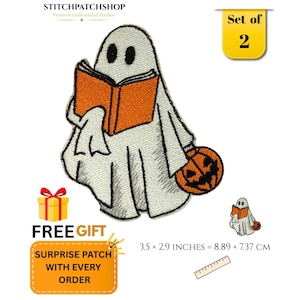 Boo Jee Ghost Embroidered Patch, Cute Funny Halloween Iron On Sew On Applique for Jacket, Backpack, Hat, Jeans, Pair of 2