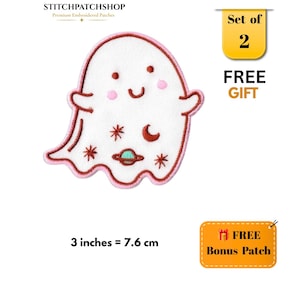 Cute Ghost Embroidered Patch Pair of 2, Kawaii Halloween Iron On Sew On Patch, Celestial Moon Planet Applique Badge, 3 Inch