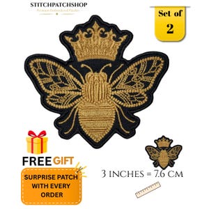 Queen Bee Embroidered Iron On Patch Pair of 2, Bee Applique Sew On Badge for Jacket Backpack Hat, Cute Honeybee Patch, 3 Inch