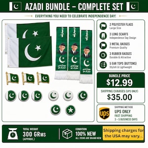 May include: Azadi Bundle complete set featuring two polyester Pakistan flags, three long scarves with portraits, three metal flag pins, three rubber badges, and five circular buttons, all displaying the green and white national flag design.