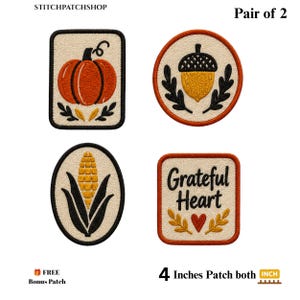 Thanksgiving Embroidered Patch Set of 2, Fall Pumpkin Acorn Corn Grateful Heart Patches, Fabric Autumn Patches for Jackets Bags & Clothing