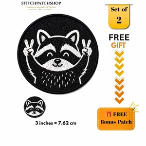 Funny Raccoon Peace Sign Patch, Trash Panda Embroidered Applique (Set of 2)