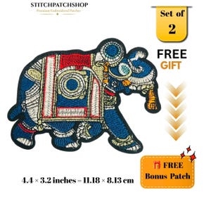 May include: An embroidered elephant patch featuring blue, red, and cream thread colours with intricate geometric patterns. The patch measures 11.18 by 8.13 cm. Text includes STITCHPATCHSHOP, Set of 2, FREE GIFT, and FREE Bonus Patch.