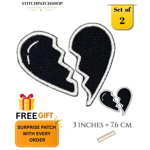 Broken Heart Embroidered Iron On Patch, Gothic Emo Grunge Patch, Dark Aesthetic Sew On Applique for Jacket, Backpack,Denim Vest - Pair of 2
