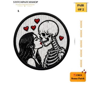 Gothic Skeleton Couple Embroidered Patches, Kissing Skull Love Patch, Dark Romance Iron On Sew On Badge, Punk Jacket, choose any pair a,b,c