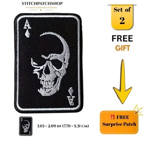 Ace of Spades Skull Embroidered Patch Set of 2, Iron On or Sew On Gothic Skull Playing Card Applique for Jacket, Vest, Backpack, Biker