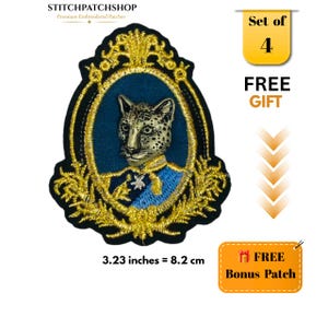 May include: An embroidered patch featuring a leopard head in a gold frame with a blue background. The patch measures 3.23 inches. The design includes a leopard wearing a blue sash and a star-shaped pin. Text includes STITCHPATCHSHOP, Set of 4, FREE GIFT, and FREE Bonus Patch.