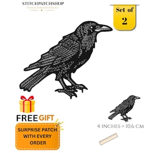 Gothic Raven Embroidered Patch, Witchy Crow Iron On Sew On Applique, Dark Art Bird Badge, Gothic Jacket Patch, 4 Inch - Pair of 2