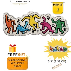 May include: An embroidered patch featuring five stylized figures in orange, blue, yellow, magenta, and green, each in a dynamic dancing pose with motion lines. The patch measures 3.3 inches in width. Text includes STITCHPATCHSHOP and Pair of 2.