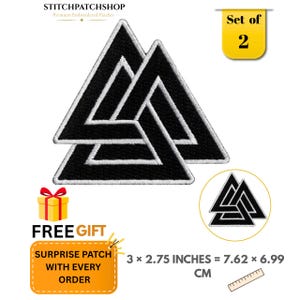 Conjunto de emblemas triangulares Valknut: Símbolo nórdico viking de Odin bordado (7,6 cm x 7 cm)