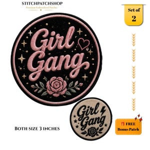 Retro Girl Gang Embroidered Patch Set, Red Black Feminist Badge (Pair) iron-on , sew-on.