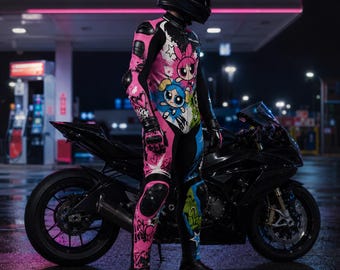 May include: A full-body motorcycle racing suit featuring a vibrant pink, blue, and green graphic print of cartoon characters. The suit includes black protective padding on the shoulders, elbows, and knees, paired with a solid black motorcycle helmet.