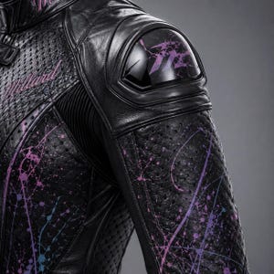 May include: A black leather motorcycle jacket featuring perforated panels and a paint splatter design in shades of purple and blue. The shoulder includes a hard protective shell with a purple logo, and the word Millard is printed in purple script.