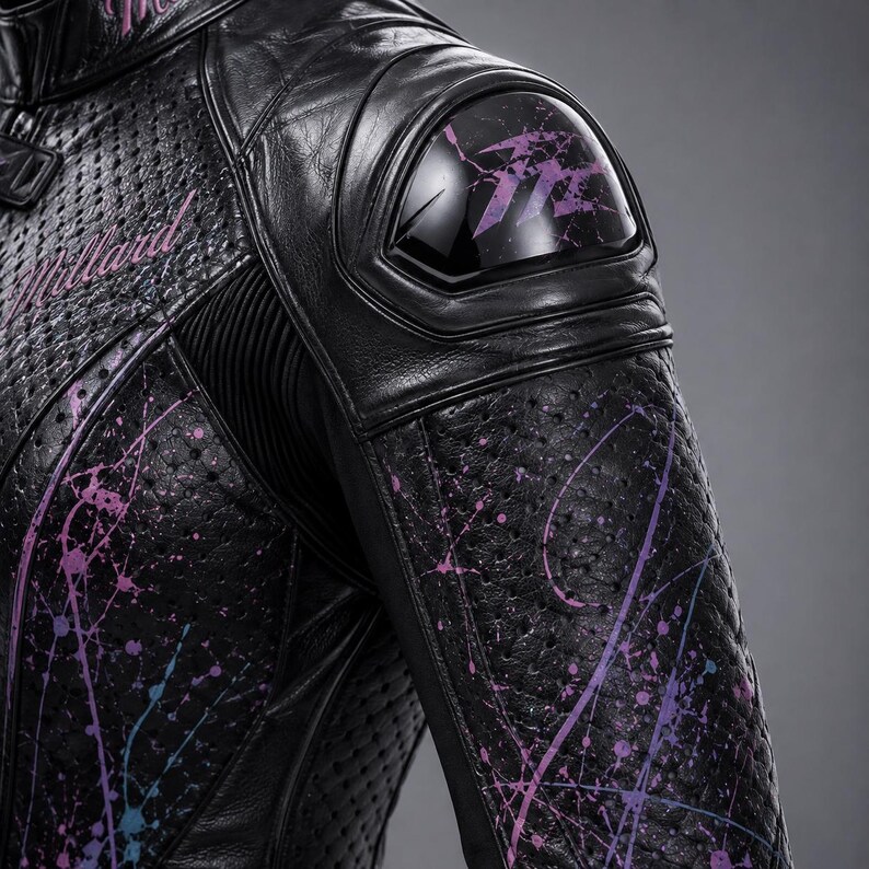 May include: A black leather motorcycle jacket featuring perforated panels and a paint splatter design in shades of purple and blue. The shoulder includes a hard protective shell with a purple logo, and the word Millard is printed in purple script.