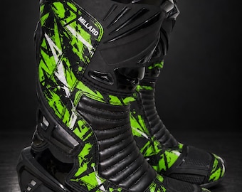 Custom Motorcycle Racing Boots, Tall Cowhide Leather Biker Boots with Shin Armor and Metal Toe Sliders, Neon Green Black
