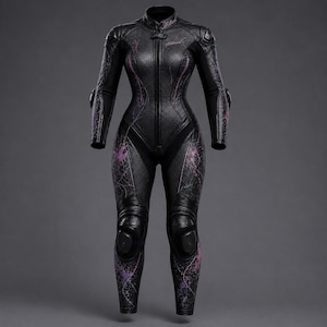 May include: A black motorcycle racing suit featuring a perforated leather texture, a full-length front zip, and integrated protective padding at the shoulders, elbows, and knees. The suit is accented with purple and pink splatter patterns.
