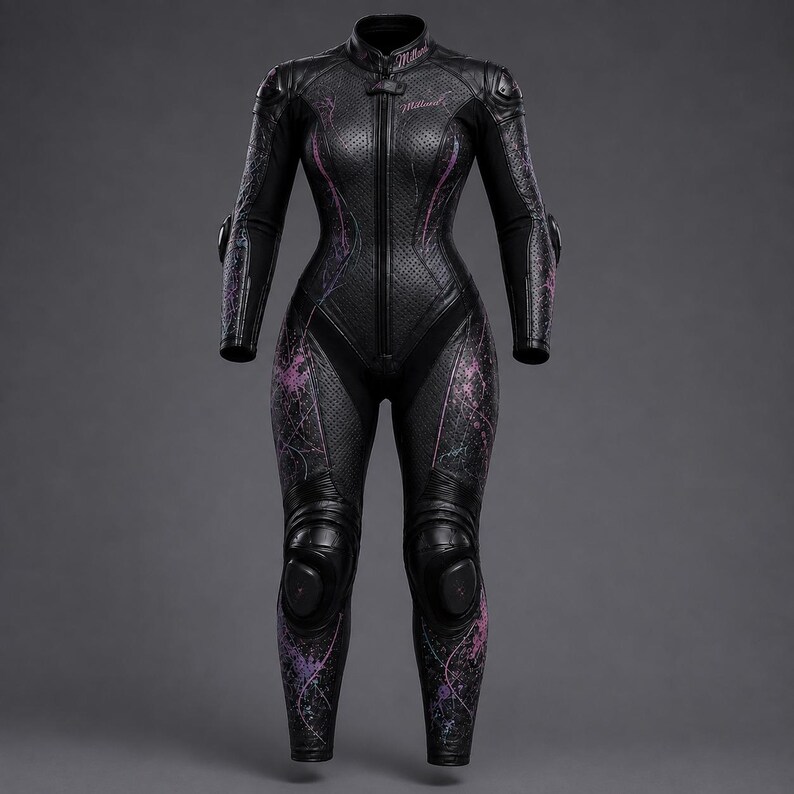 May include: A black motorcycle racing suit featuring a perforated leather texture, a full-length front zip, and integrated protective padding at the shoulders, elbows, and knees. The suit is accented with purple and pink splatter patterns.