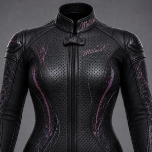 May include: A black leather motorcycle jacket featuring a perforated front panel, a high collar with the text Millard, and a central zip closure. The jacket is accented with pink and purple paint splatter designs and the text Millard on the chest.