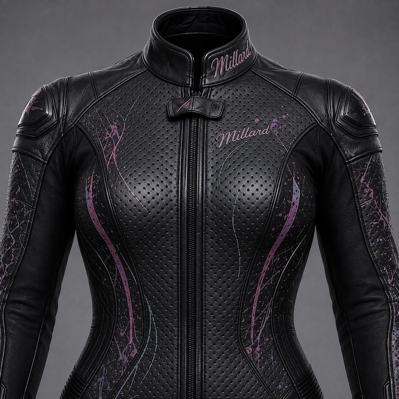 May include: A black leather motorcycle jacket featuring a perforated front panel, a high collar with the text Millard, and a central zip closure. The jacket is accented with pink and purple paint splatter designs and the text Millard on the chest.
