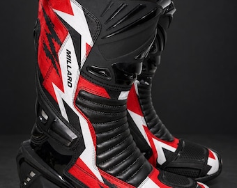 Leather Motorcycle Racing Boots: Armored Track Boots with Shin and Ankle Protection, Custom Red Black White Rider Gear