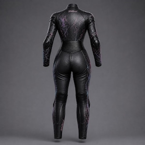 May include: A black leather motorcycle suit featuring perforated panels, ribbed detailing at the waist and knees, and purple and blue paint splatter accents. The word Millard is printed in a script font on the upper back and lower left leg.