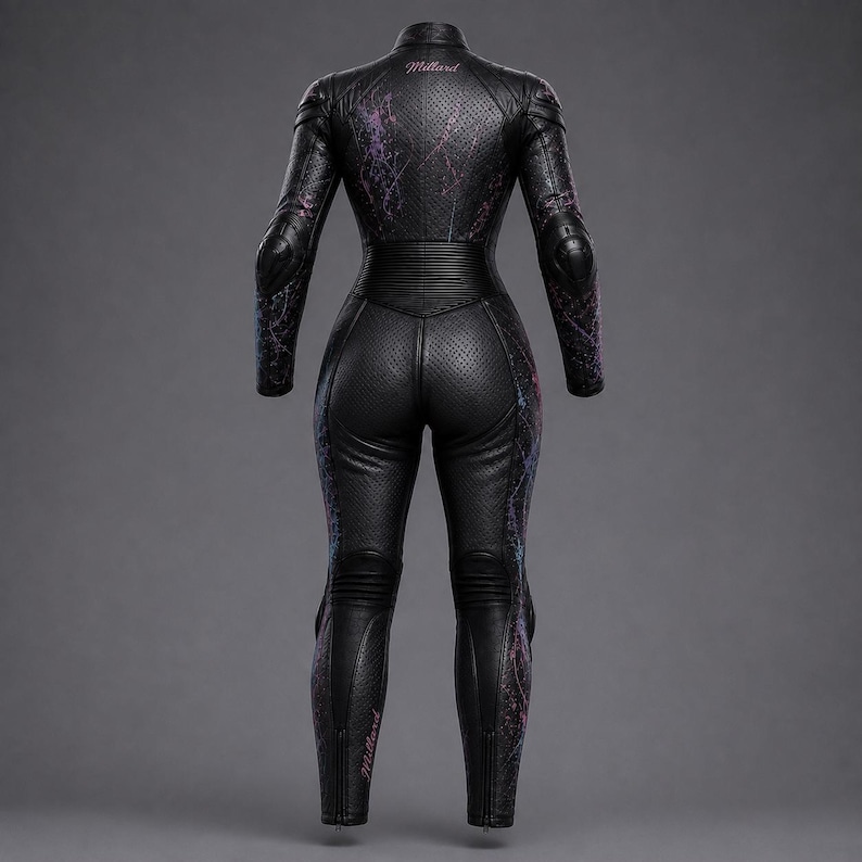 May include: A black leather motorcycle suit featuring perforated panels, ribbed detailing at the waist and knees, and purple and blue paint splatter accents. The word Millard is printed in a script font on the upper back and lower left leg.