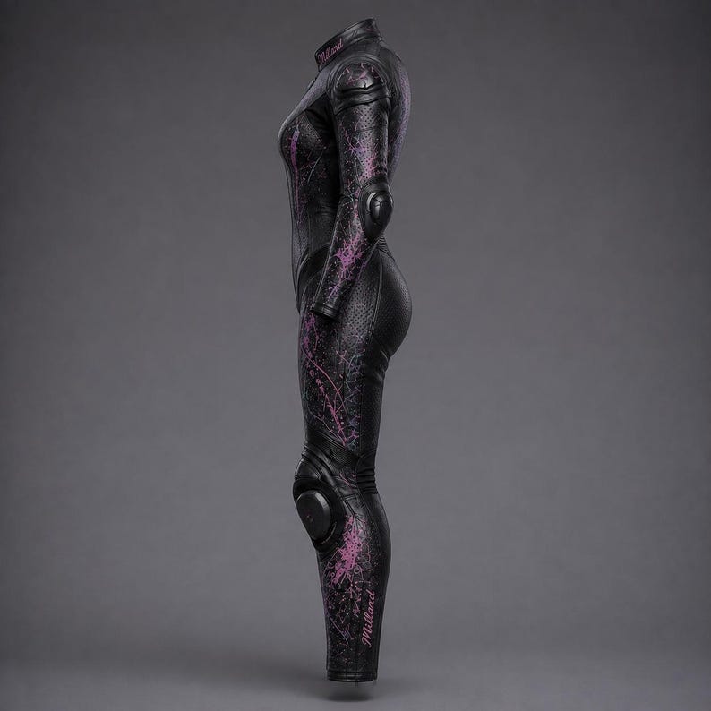 May include: A black motorcycle racing suit featuring a high collar, long sleeves, and integrated protective armour on the shoulders, elbows, and knees. The suit is decorated with a purple and pink splatter pattern and the word Millard in pink.