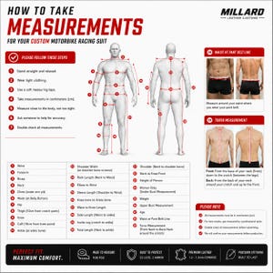 May include: An instructional infographic titled HOW TO TAKE MEASUREMENTS FOR YOUR CUSTOM MOTORBIKE RACING SUIT by Millard Leather Customs. It features a front and back view of a human figure with numbered red lines indicating body measurement points.