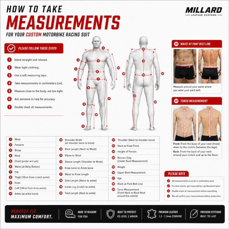 May include: An instructional infographic titled HOW TO TAKE MEASUREMENTS FOR YOUR CUSTOM MOTORBIKE RACING SUIT by Millard Leather Customs. It features a front and back view of a human figure with numbered red lines indicating body measurement points.