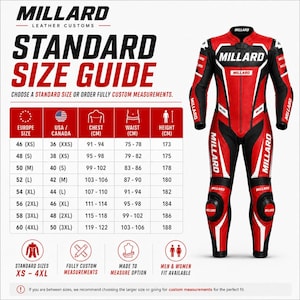 May include: A red and black leather motorcycle racing suit featuring the Millard brand name on the chest, arms, and legs. Next to the suit is a standard size guide chart with columns for Europe and USA/Canada sizes, chest, waist, and height in cm.
