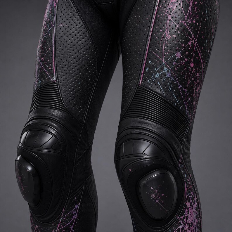 May include: Black leather motorcycle trousers featuring perforated panels and integrated hard-shell knee protectors. The garment displays a pink and light blue splatter paint pattern across the thighs and lower legs, with ribbed leather accordion panels.