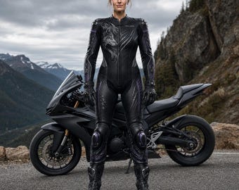 May include: A black leather motorcycle racing suit featuring a wolf graphic on the chest, claw mark accents, and purple detailing. The suit includes integrated armour at the shoulders and knees, paired with matching black leather gloves and boots.