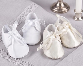 Baptism Booties for Baby - White or Ivory Satin Lace-Up Christening Shoes