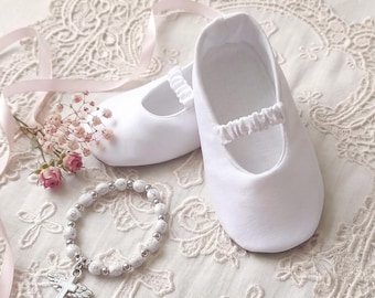 White Baptism Baby Shoes and Cross Bracelet Set, Handmade Christening Flats for Girls