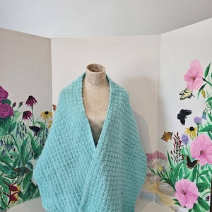 May include: A light blue crochet shawl with a textured, tight-knit pattern draped over a mannequin. The shawl features a consistent stitch throughout and is displayed in front of a floral backdrop with the text Aqua Tightweave Shawl visible.