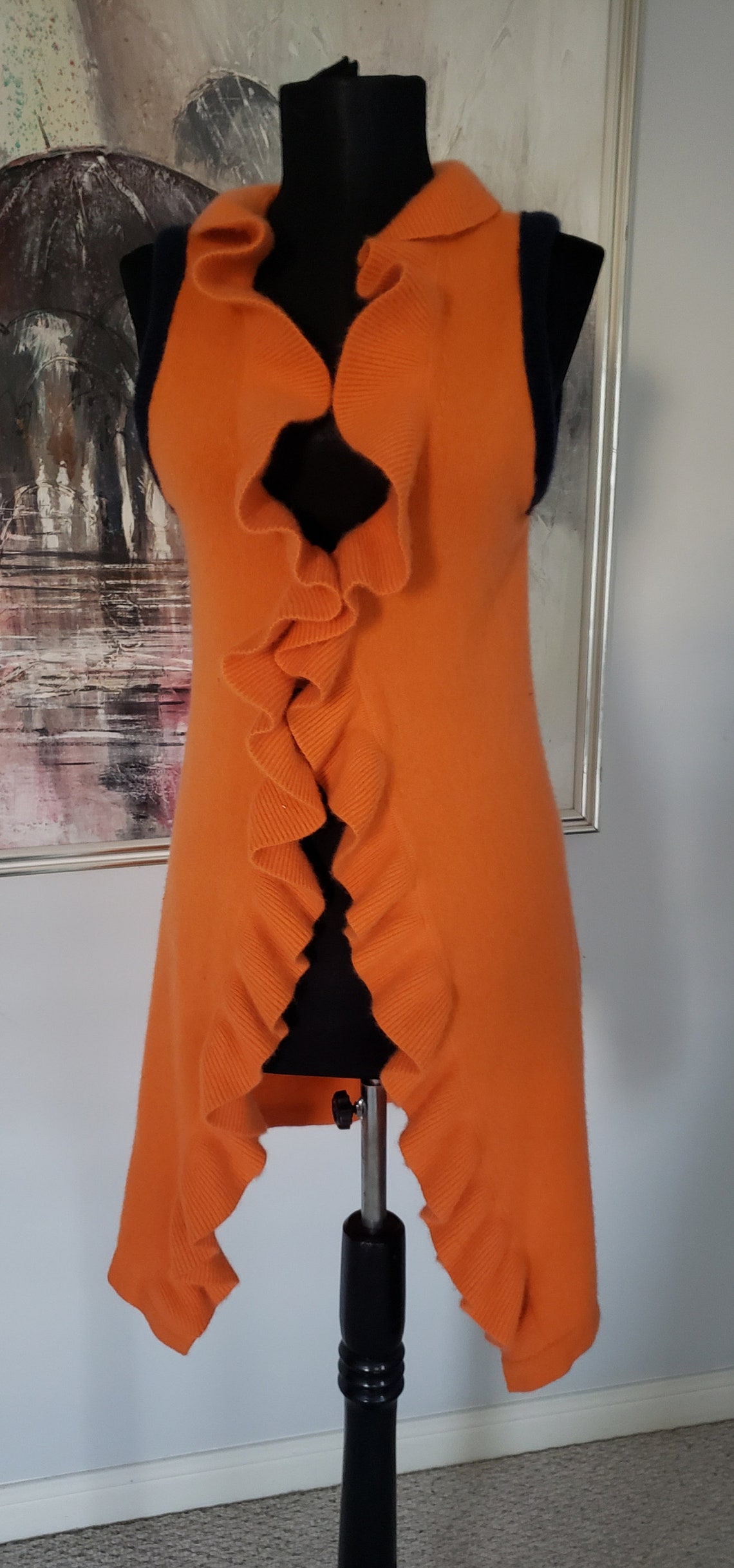 100 Cashmere Long Vest, Upcycled Cashmere Jacket, Embroidered Jacket, Dream Jacket, Orange Navy